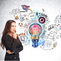 Image of woman contemplating drawing of career flow chart